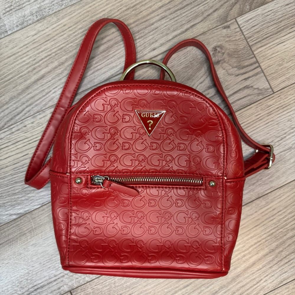 Guess | Mini Backpack | Red Embossed Logo | Gold Hardware